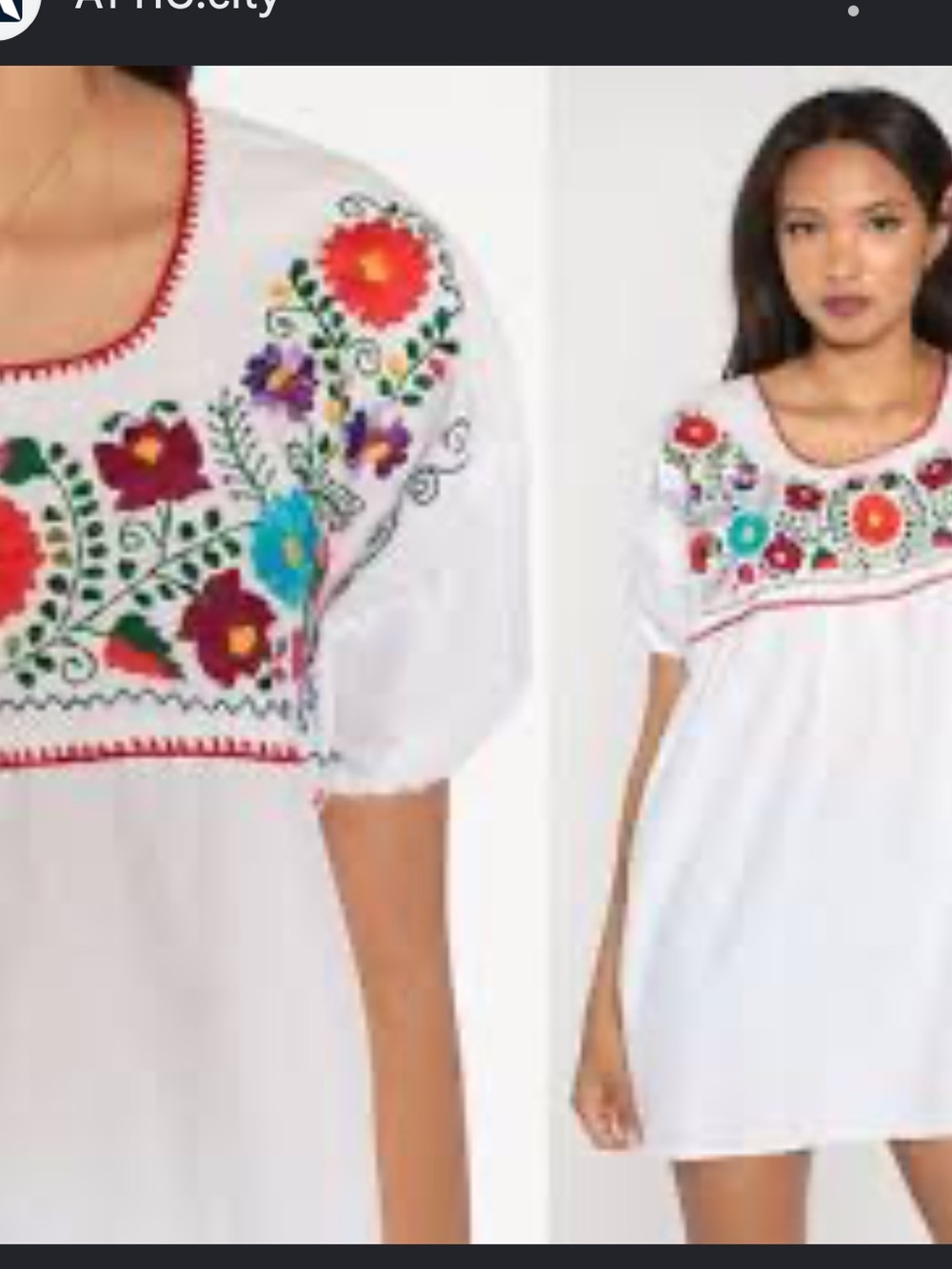 Mexican EMBROIDERED White Floral Boho Peasant Tunic Hip Top Bohemian Vintage 3/4